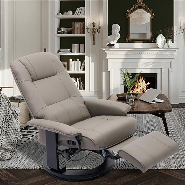 Faux Leather Manual Recliner,Adjustable Swivel Lounge Chair with Footrest,Can Rotate 360 Degrees,L-right Angle Curved Wooden Frame, Armrest and Wrapped Wood Base for Living Room,Grey