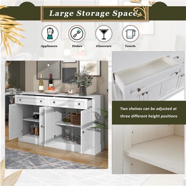 Kitchen Sideboard Storage Buffet Cabinet with 2 Drawers & 4 Doors Adjustable Shelves for Dining Room, Living Room (Antique White)