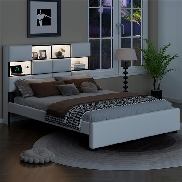 Queen Size Upholstered Platform Bed with LED, Storage and USB, Beige