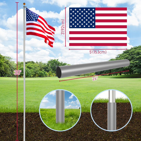 Flag Pole Kit for Outside House in Ground, 30FT Sectional Aluminum Extra Thick Flagpole, 5x3 US Flag, Heavy Duty Flag Poles Kit for Yard