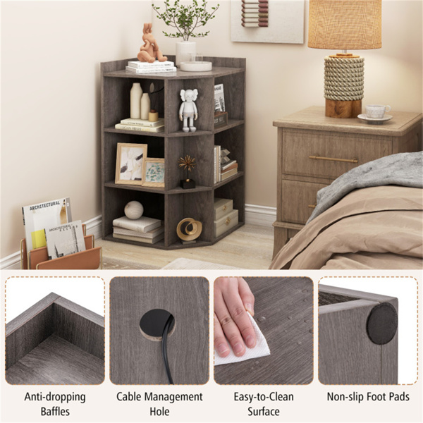 Grey three-layer corner cabinet with charging station