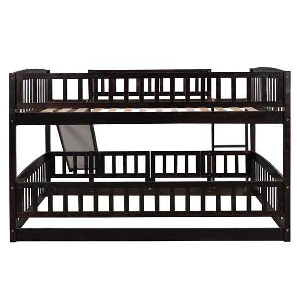 Bunk Bed with Slide,Full Over Full Low Bunk Bed with Fence and Ladder for Toddler Kids Teens Espresso