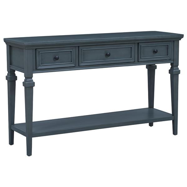 Classic Retro Style Console Table with Three Top Drawers and Open Style Bottom Shelf, Easy Assembly (Navy)