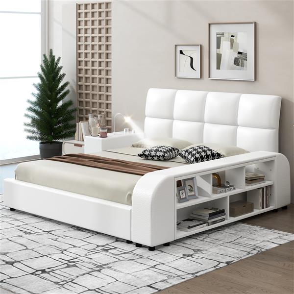 Queen Size Upholstered Platform Bed with Multimedia Nightstand and Storage Shelves, White