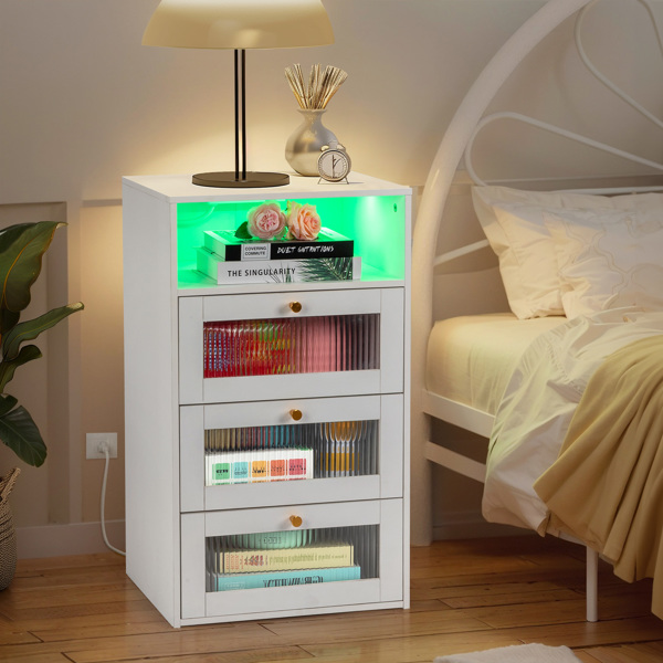 FCH White Hemp Surface Particle Board Changhong Glass 45*35*78cm 3 Drawers 1-Layer Bedside Table Wireless Charging + 2 USB + 2 Sockets Light Strip RGB 16 Colors