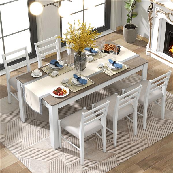 7-Piece Wooden Dining Table Set Mutifunctional Extendable Table with 12" Leaf and 2 Drawers, 6 Dining Chairs with Soft Cushion (Brown + White)