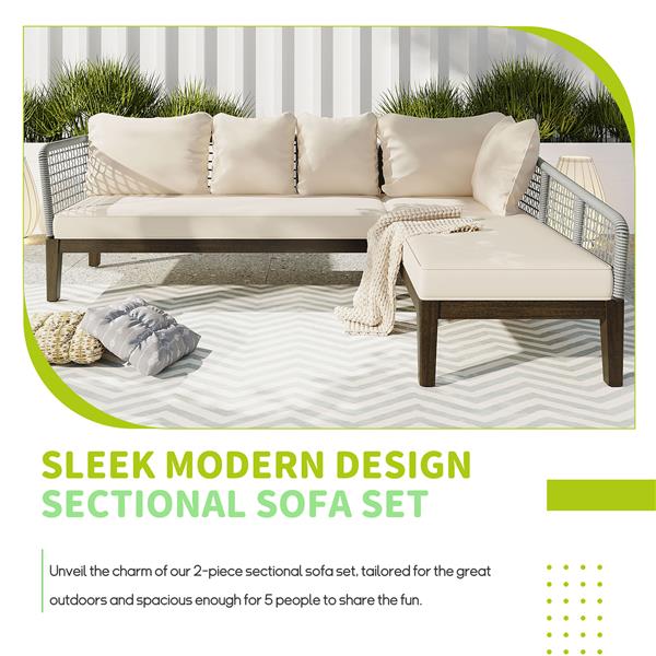 Modern 5-Person Outdoor Seating Group with Cushions Rope Waved Patio Sofa Set for Garden, Lawn, Poolside, L-Shaped, Gray+Beige