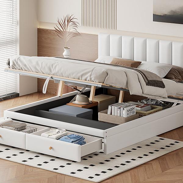 Queen Size Upholstered Bed with Hydraulic Storage System and Drawer, White