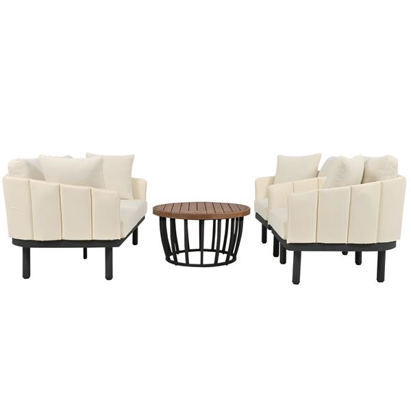 Luxury Modern 4-Piece Outdoor Iron Frame Conversation Set, Patio Chat Set with Acacia Wood Round Coffee Table for Backyard, Deck, Poolside, Indoor Use, Loveseat+Arm Chairs, Beige