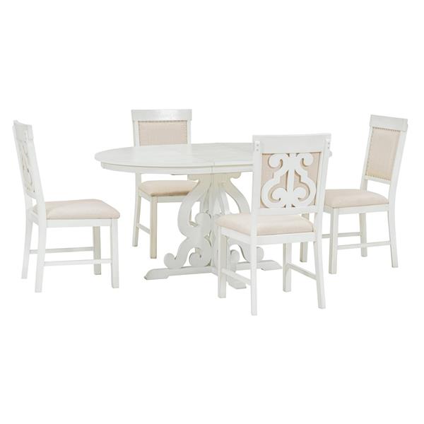 5-Piece Retro Functional Dining Set, 1 Extendable Table with a 16-inch Leaf and 4 Upholstered Chairs for Dining Room and Kitchen (Antique White)