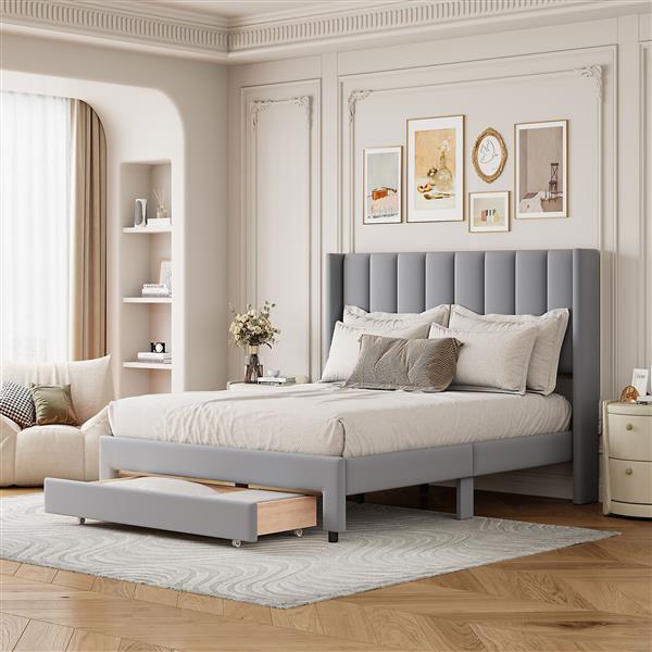 Full Size Storage Bed Velvet Upholstered Platform Bed with a Big Drawer - Gray