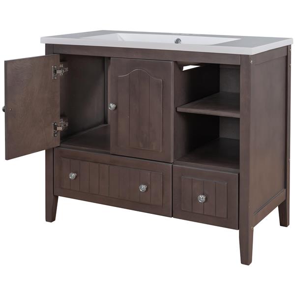 [VIDEO] 36" Bathroom Vanity with Ceramic Basin, Bathroom Storage Cabinet with Two Doors and Drawers, Solid Frame, Metal Handles, Brown