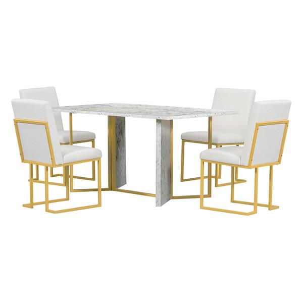 7-Piece Modern Dining Table Set, Artificial Marble Sticker Tabletop and 6 Upholstered Linen Chair All with lden Steel Legs for Dining Room and Kitchen (White + ld)