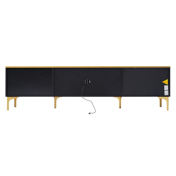 Stylish LED TV Stand with Marble-veined Table Top for TVs Up to 78'', Entertainment Center with Brown Glass Storage Cabinet, Golden Legs & Handles for Living Room, Black