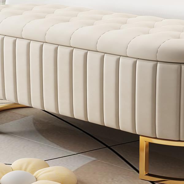 Elegant Upholstered Velvet Storage Ottoman with Button-Tufted,Storage Bench with Metal Legs for Bedroom,Living Room,Fully Assembled Except Legs,Beige