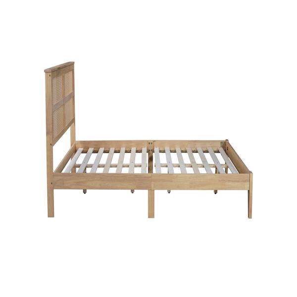 Queen Size Rubber Wooden, Solid Wooden Bed with Rattan Headboard, Enhanced by Support Feet 