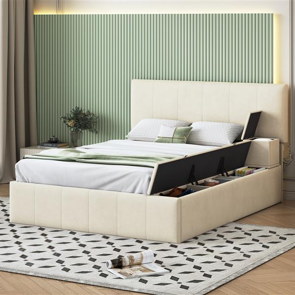 Full Size Upholstered Platform Bed with Lateral Storage Compartments and Thick Fabric, Velvet, Beige