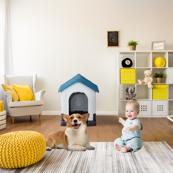 26 inch Plastic Dog House, Indoor Outdoor Doghouse Pet House with Air Vents and Elevated Floor, Insulated Water Resistant Puppy Shelter Kennel for Small Dogs, Blue & White