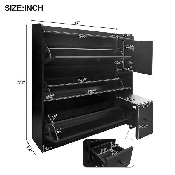 Versatile Shoe Cabinet with 3 Flip Drawers, Maximum Storage Entryway Organizer with Drawer, Free Standing Shoe Rack with Pull-down Seat for Hallway, Black