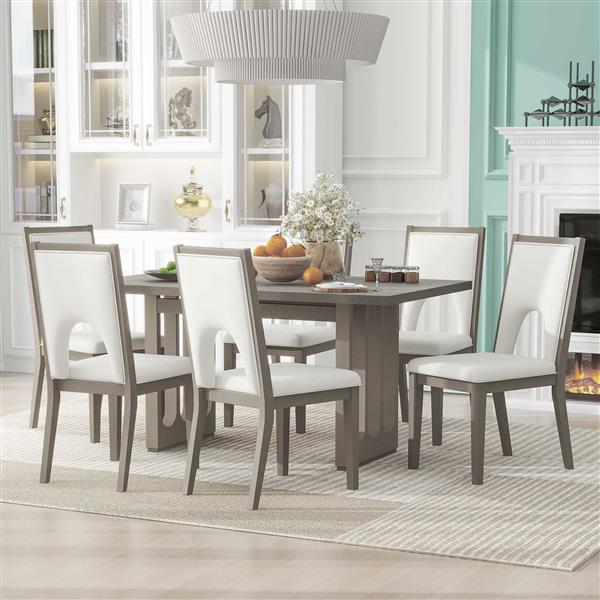 Wood Dining Table Set for 6, Farmhouse Rectangular Dining Table and 6 Upholstered Chairs Ideal for Dining Room, Kitchen (Grey+Beige)