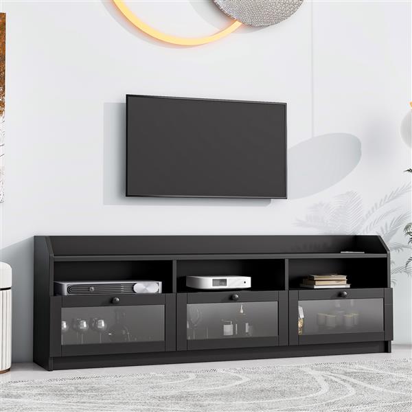 Sleek & Modern Design TV Stand with Acrylic Board Door, Chic Elegant Media Console for TVs Up to 65", Ample Storage Space TV Cabinet with Black Handles, Black