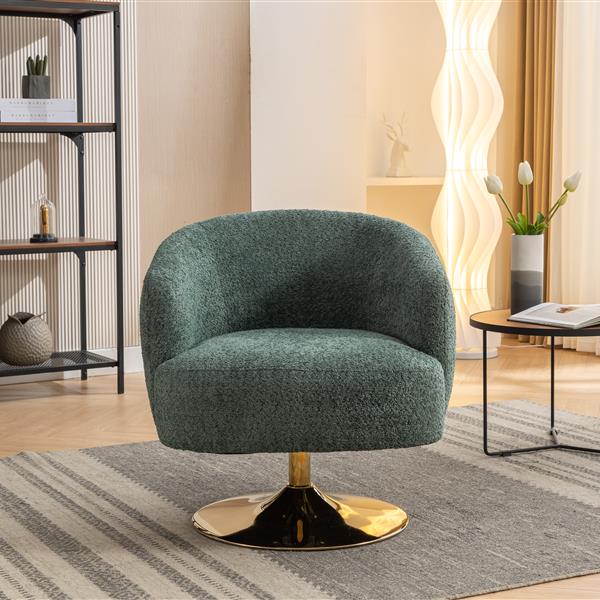 048-Chenille Fabric Swivel Chair With Gold Metal Round Base,Green