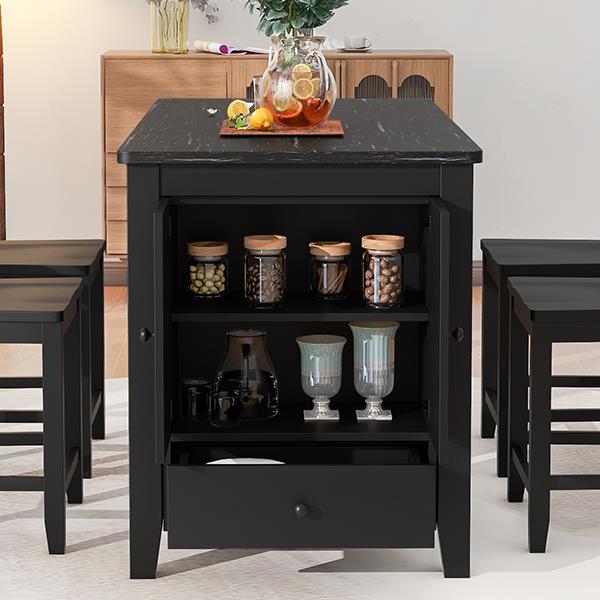 Counter Height 5-piece Dining Table Set with Faux Marble Tabletop, Solid Wood Table Set with Storage Cabinet and Drawer, Black