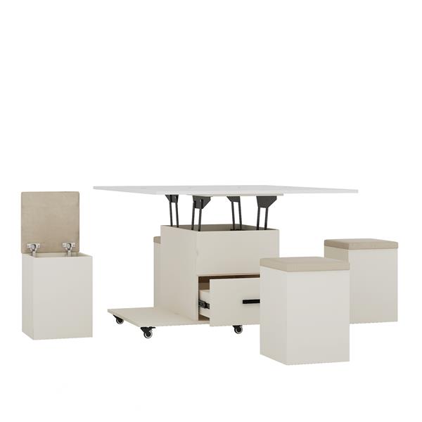 Modern Lift-Up Coffee Table with 4 Stools Set for Living Room Expandable 1 Hidden Storage + 2 Drawers Space Saving Folding Dining Table