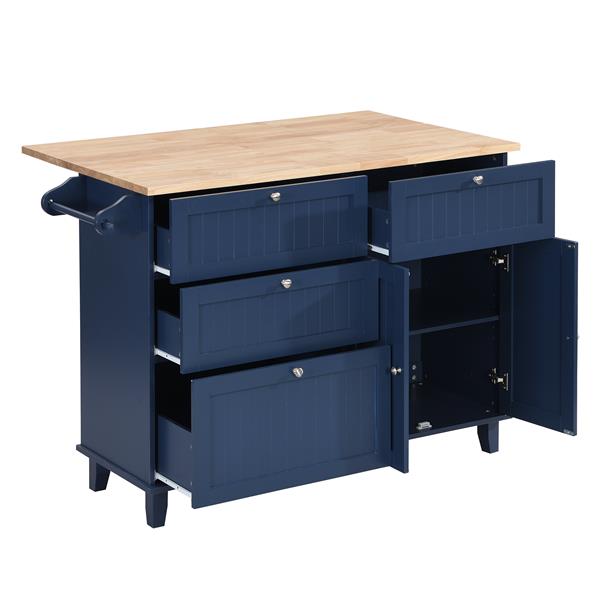 Farmhouse Kitchen Island Set with Drop Leaf and 2 Seatings,Dining Table Set with Storage Cabinet, Drawers and Towel Rack, Blue+Black+Brown