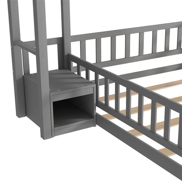 Twin Size House-Style Headboard Floor Bed with Fence Guardrails,Gray