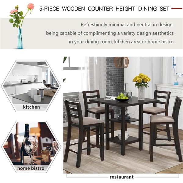 5-Piece Wooden Counter Height Dining Set with Padded Chairs and Storage Shelving (Espresso)