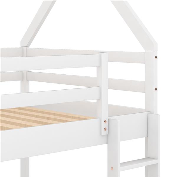 Twin over Twin Low Bunk Bed, House Bed with Ladder , White