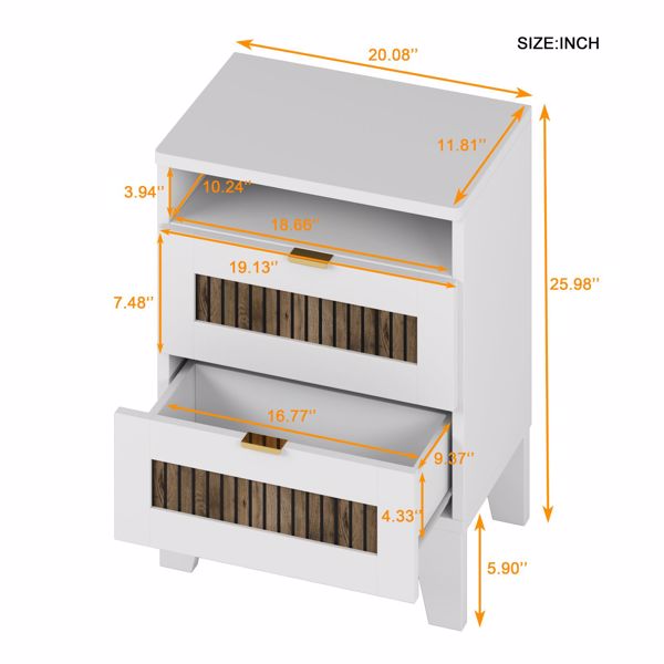 2-Drawer Farmhouse Wooden Nightstand with Wooden Strip Decoration and Metal Handle, Wood Side Table with Storage Cabinet for Bedroom, White 