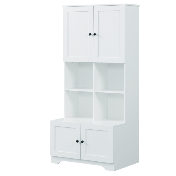 Tall and Wide Bathroom Floor Storage Cabinet, Bathroom Storage Unit, Freestanding Cabinet with 4 Doors, Adjustable Shelves, Open multi-layer Shelves, White 