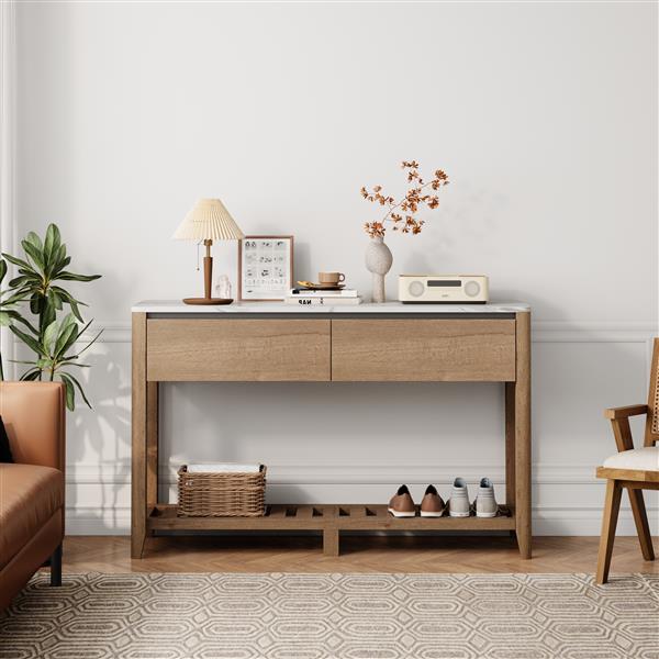 47 Inch Modern Farmhouse Double Drawers Console Table for Living Room or Entryway, Tobacco Wood and White Marble Texture