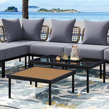 8-Piece Patio Sectional Sofa Set with Tempered Glass Coffee Table and Wooden Coffee Table for Outdoor Oasis, Garden, Patio and Poolside (Light Grey Cushion + Black Steel)