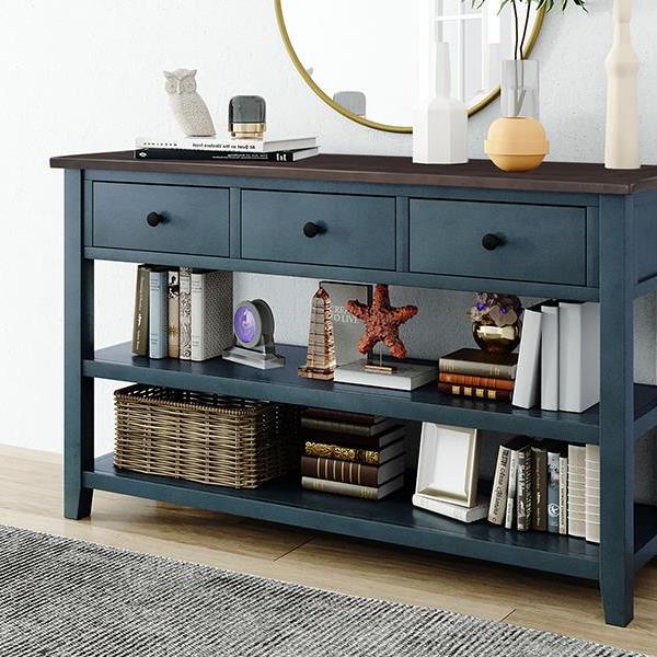 Retro Design Console Table with Two Open Shelves, Pine Solid Wood Frame and Legs for Living Room (Navy)