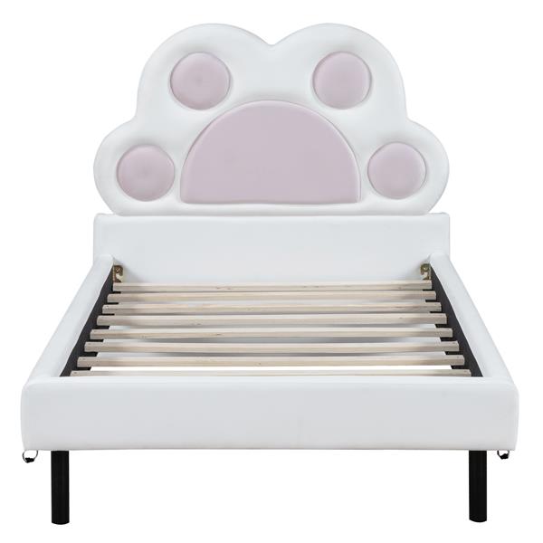 Twin Size Upholstered Platform Bed with Animal Paw Shaped Headboard and LED, Pink