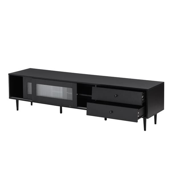 Chic Elegant Design TV Stand with Sliding Fluted Glass Doors, Slanted Drawers Media Console for TVs Up to 75", Modern TV Cabinet with Ample Storage Space, Black