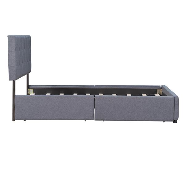 Upholstered Platform Bed with Classic Headboard and 4 Drawers, No Box Spring Needed, Linen Fabric, Queen Size Dark gray