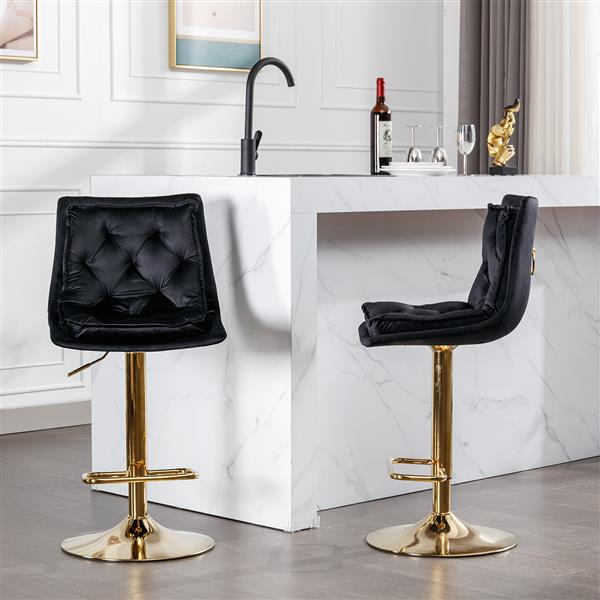 Set of 2 Bar Stools,with Chrome Footrest and Base Swivel Height Adjustable Mechanical Lifting Velvet + Golden Leg Simple Bar Stoo,black