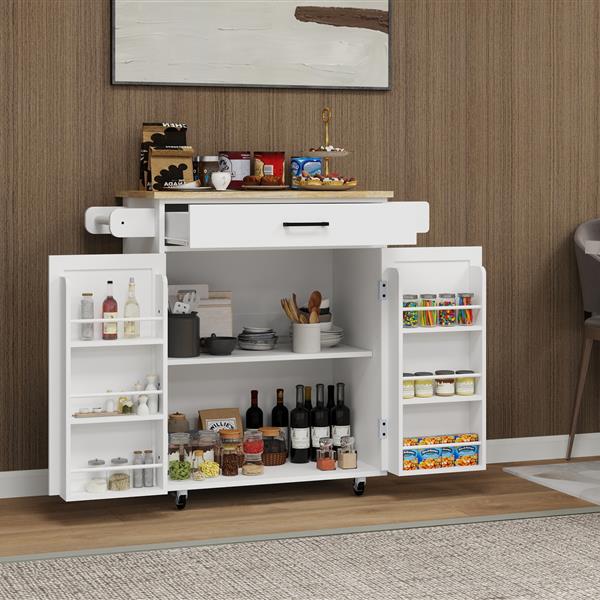 Kitchen island rolling trolley cart with 1 drawer & 2 doors with storage racks & Adjustable Shelves & towel rack & seasoning rack rubber wood table top-White