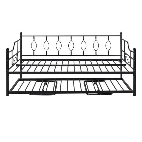 Full Size Metal Daybed with Twin Size Adjustable Trundle, Portable Folding Trundle, Black