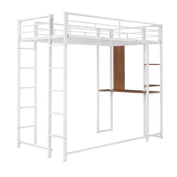 Twin Metal Loft Bed with 2 Shelves and one Desk ,WHITE