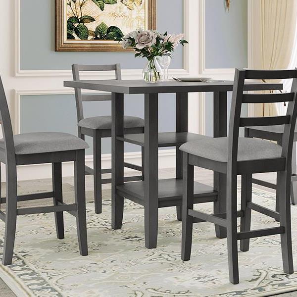 5-Piece Wooden Counter Height Dining Set with Padded Chairs and Storage Shelving (Gray)