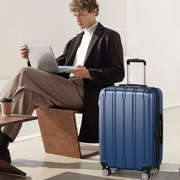 FCH 3-in-1 suitcase with vertical stripes 20in 24in 28in ABS PC classic color 02-dark blue