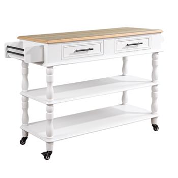 56 inch Rolling Kitchen Island with Storage,Kitchen Cart with Solid OAK Wood Top,Two-sided Kitchen island Cart on Wheels ,Wine and Spice Rack, Large Kitchen Cart with 2 Drawers, Milk White+Natural Top