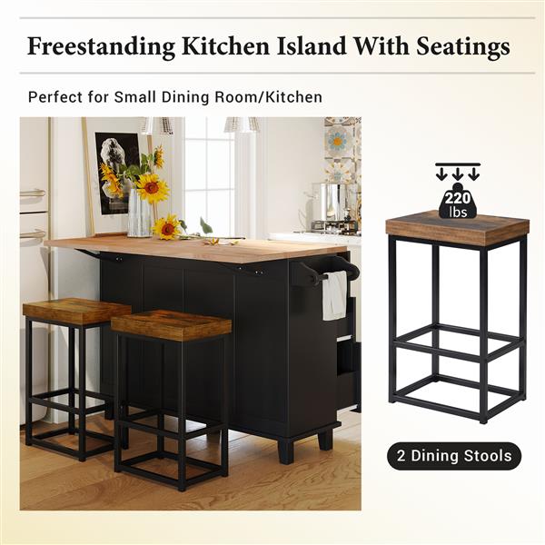 Farmhouse Kitchen Island Set with Drop Leaf and 2 Seatings,Dining Table Set with Storage Cabinet, Drawers and Towel Rack, Black+Rustic Brown