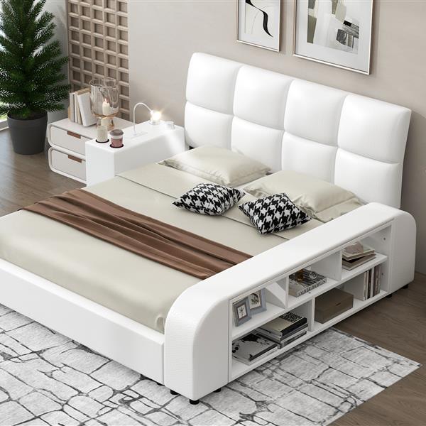 Queen Size Upholstered Platform Bed with Multimedia Nightstand and Storage Shelves, White