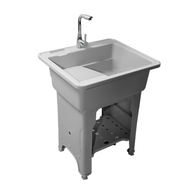 Grey Indoor Outdoor Freestanding Laundry Sink with Washboard, Faucet, Hoses Drain Kit